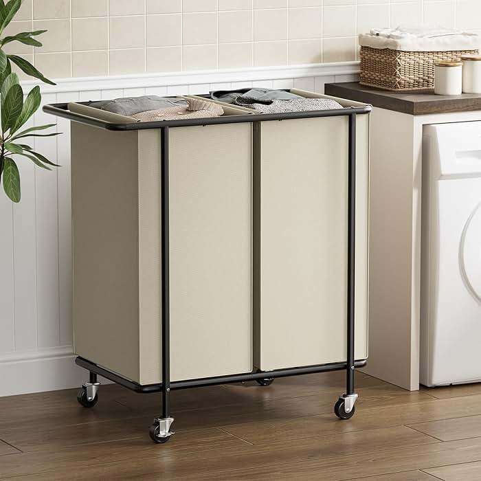 Chrislley Double Laundry Hamper with Wheels,200L Rolling Laundry Basket 2 Section with Lid,Steel Frame Laundry Cart with Handle and Removable Bags,Dirty Clothes Hamper for Laundry Room,Dorm,Beige - Image 4