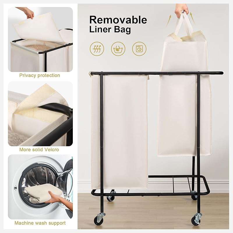 Chrislley Double Laundry Hamper with Wheels,200L Rolling Laundry Basket 2 Section with Lid,Steel Frame Laundry Cart with Handle and Removable Bags,Dirty Clothes Hamper for Laundry Room,Dorm,Beige - Image 5