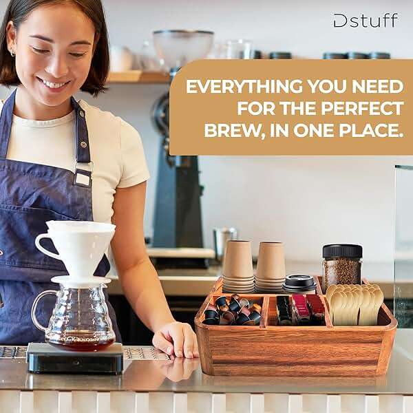 Dstuff Acacia Wood Coffee Station Organizer for Countertop, Tea Organizer and Holder, Coffee Bar Caddy with Multiple Compartments for Home and Office Decor - Image 2