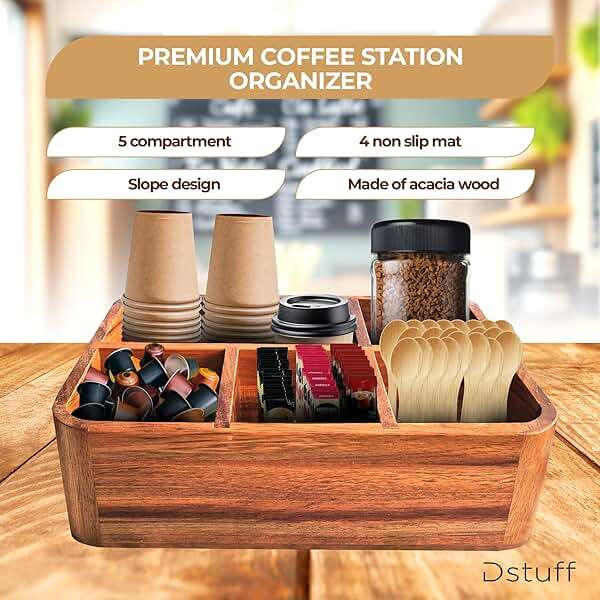 Dstuff Acacia Wood Coffee Station Organizer for Countertop, Tea Organizer and Holder, Coffee Bar Caddy with Multiple Compartments for Home and Office Decor - Image 4