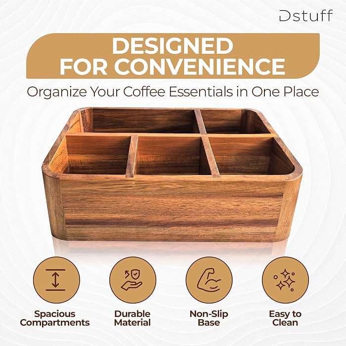 Dstuff Acacia Wood Coffee Station Organizer for Countertop, Tea Organizer and Holder, Coffee Bar Caddy with Multiple Compartments for Home and Office Decor - Image 5