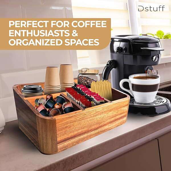 Dstuff Acacia Wood Coffee Station Organizer for Countertop, Tea Organizer and Holder, Coffee Bar Caddy with Multiple Compartments for Home and Office Decor - Image 6