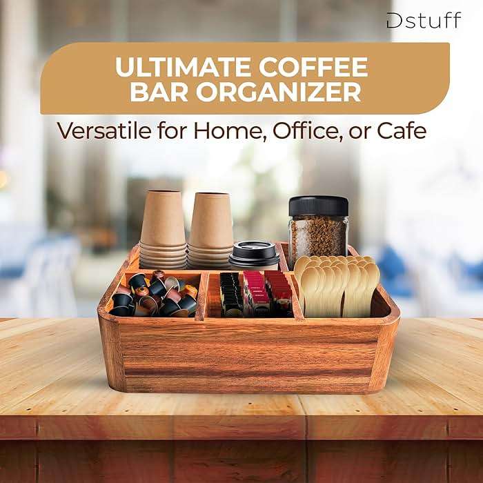 Dstuff Acacia Wood Coffee Station Organizer for Countertop, Tea Organizer and Holder, Coffee Bar Caddy with Multiple Compartments for Home and Office Decor - Image 7