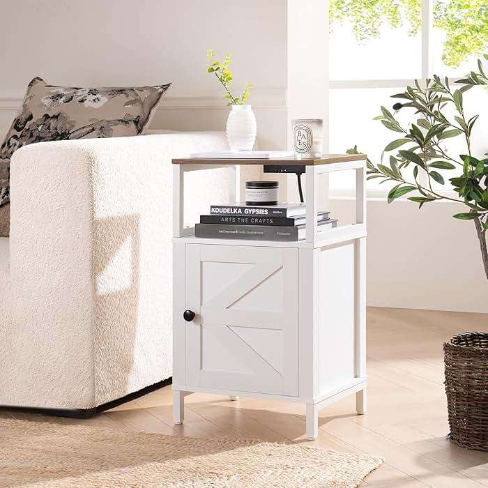 Yoobure Farmhouse NightStand with Charging Station，Wood Night Stand End Table with USB Ports, LED Bed Side Table with Storage Cabinet，Bedside Table for Bedroom, Living Room White - Image 2