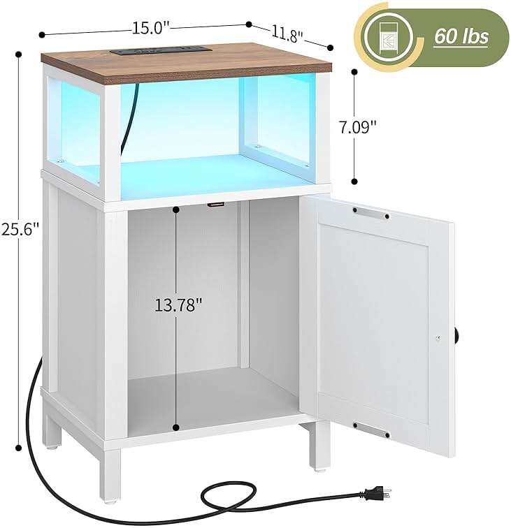 Yoobure Farmhouse NightStand with Charging Station，Wood Night Stand End Table with USB Ports, LED Bed Side Table with Storage Cabinet，Bedside Table for Bedroom, Living Room White - Image 3