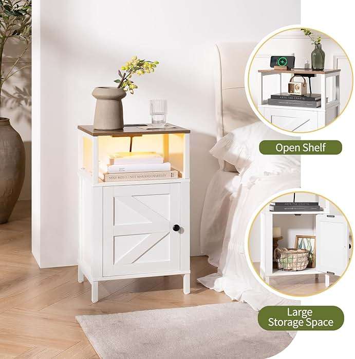 Yoobure Farmhouse NightStand with Charging Station，Wood Night Stand End Table with USB Ports, LED Bed Side Table with Storage Cabinet，Bedside Table for Bedroom, Living Room White - Image 4