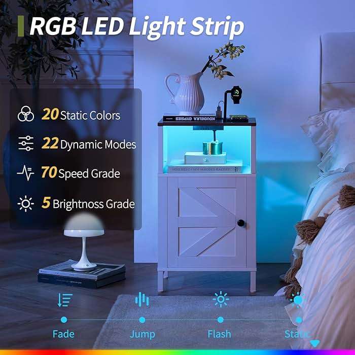 Yoobure Farmhouse NightStand with Charging Station，Wood Night Stand End Table with USB Ports, LED Bed Side Table with Storage Cabinet，Bedside Table for Bedroom, Living Room White - Image 6