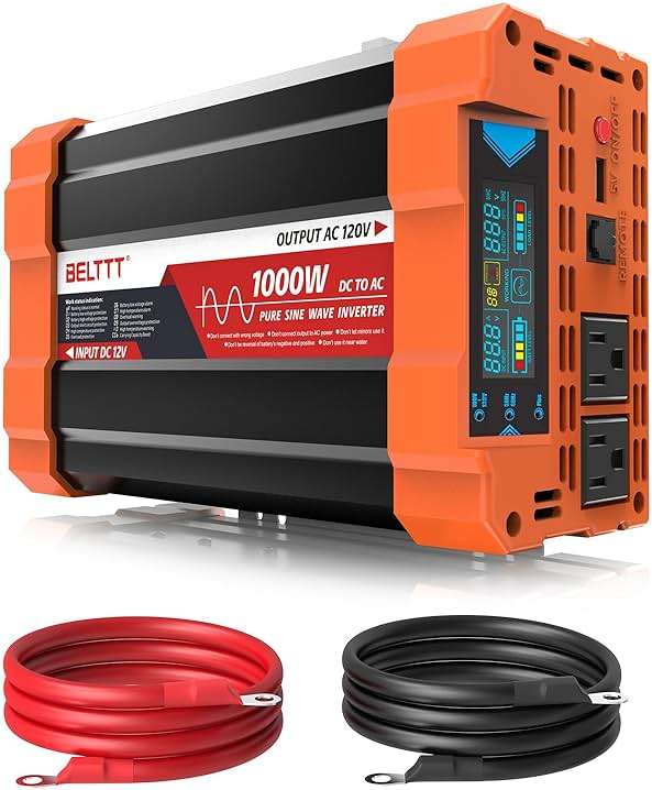 BELTTT 1000Watt Pure Sine Wave Inverter 12V DC to 120V AC for RV, Truck, Off-Grid, Solar Inverter 12V to 110V Converter with Dual AC Socket and 5V 2.1A USB, Power Inverter, Intelligent LCD, 2000W Peak - Image 1