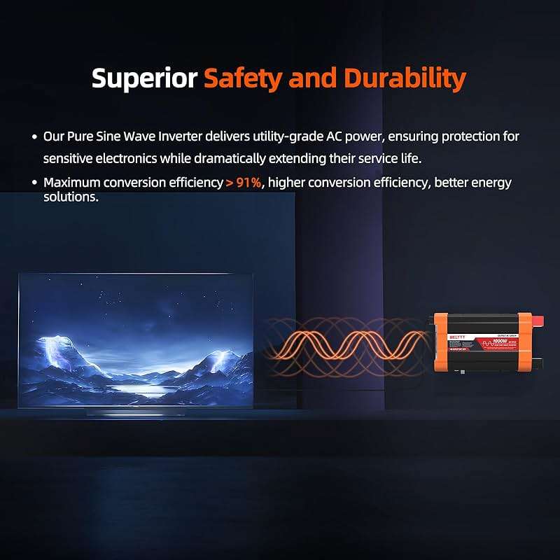 BELTTT 1000Watt Pure Sine Wave Inverter 12V DC to 120V AC for RV, Truck, Off-Grid, Solar Inverter 12V to 110V Converter with Dual AC Socket and 5V 2.1A USB, Power Inverter, Intelligent LCD, 2000W Peak - Image 3