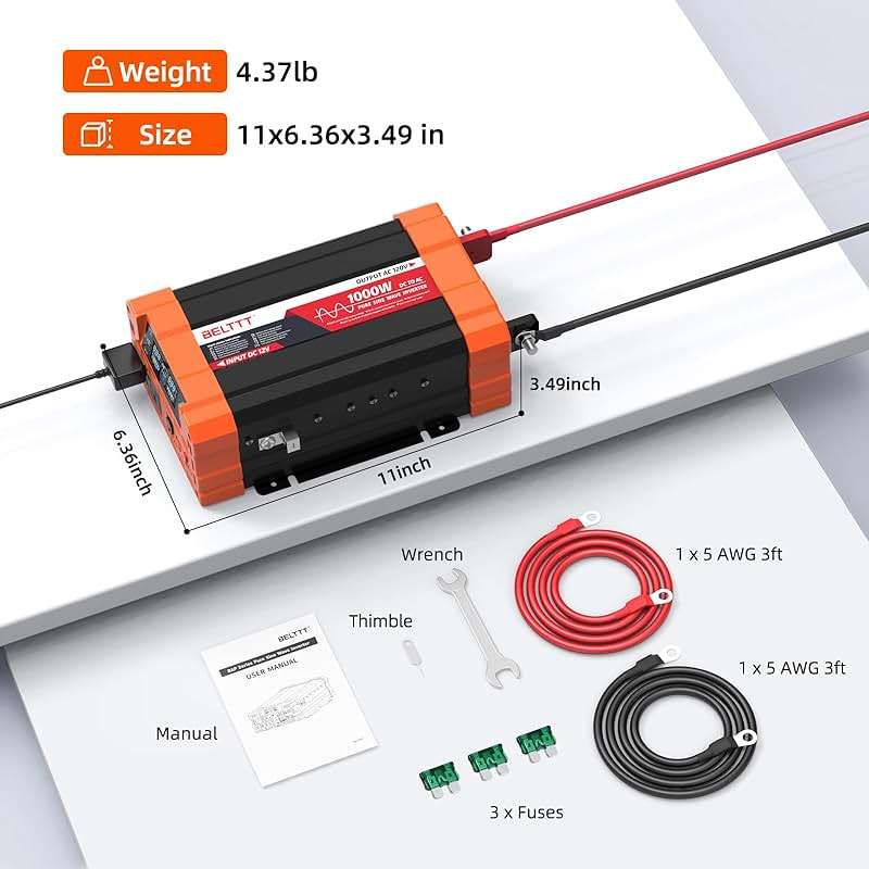BELTTT 1000Watt Pure Sine Wave Inverter 12V DC to 120V AC for RV, Truck, Off-Grid, Solar Inverter 12V to 110V Converter with Dual AC Socket and 5V 2.1A USB, Power Inverter, Intelligent LCD, 2000W Peak - Image 6
