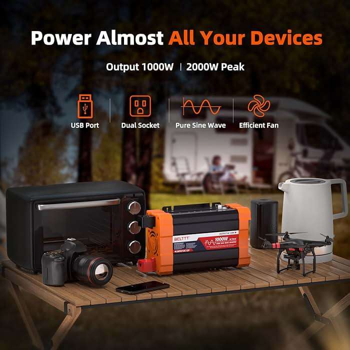 BELTTT 1000Watt Pure Sine Wave Inverter 12V DC to 120V AC for RV, Truck, Off-Grid, Solar Inverter 12V to 110V Converter with Dual AC Socket and 5V 2.1A USB, Power Inverter, Intelligent LCD, 2000W Peak - Image 7