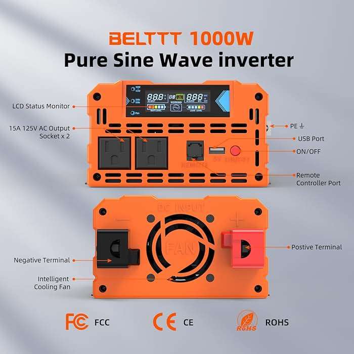 BELTTT 1000Watt Pure Sine Wave Inverter 12V DC to 120V AC for RV, Truck, Off-Grid, Solar Inverter 12V to 110V Converter with Dual AC Socket and 5V 2.1A USB, Power Inverter, Intelligent LCD, 2000W Peak - Image 8