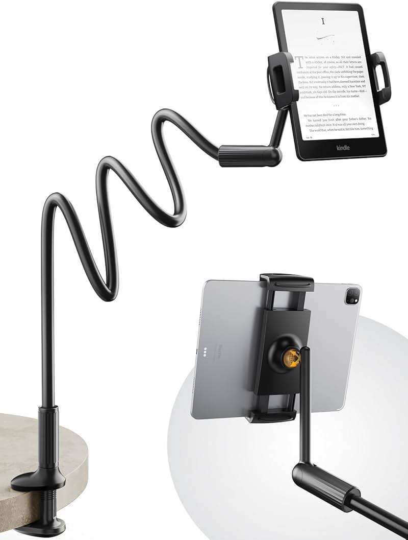 SAIJI 47" Gooseneck Kindle Holder, Tablet Holder for Bed with Upgraded Base, iPad Stand with Flexible Lazy Arm, Compatible with iPad mini Pro Air, Kindle, Galaxy or Other 4.7-11" Device (Black) - Image 1