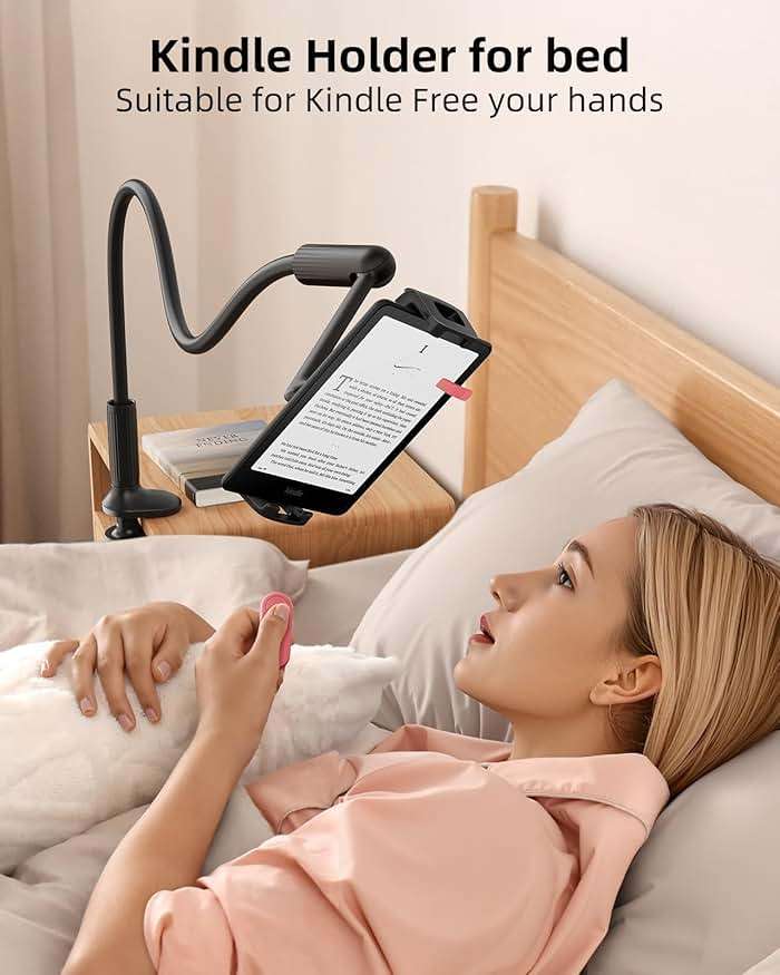 SAIJI 47" Gooseneck Kindle Holder, Tablet Holder for Bed with Upgraded Base, iPad Stand with Flexible Lazy Arm, Compatible with iPad mini Pro Air, Kindle, Galaxy or Other 4.7-11" Device (Black) - Image 3