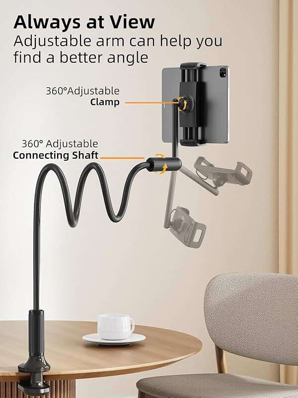 SAIJI 47" Gooseneck Kindle Holder, Tablet Holder for Bed with Upgraded Base, iPad Stand with Flexible Lazy Arm, Compatible with iPad mini Pro Air, Kindle, Galaxy or Other 4.7-11" Device (Black) - Image 4