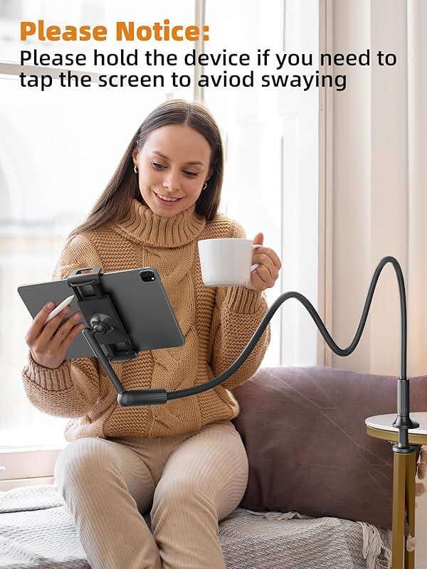 SAIJI 47" Gooseneck Kindle Holder, Tablet Holder for Bed with Upgraded Base, iPad Stand with Flexible Lazy Arm, Compatible with iPad mini Pro Air, Kindle, Galaxy or Other 4.7-11" Device (Black) - Image 5