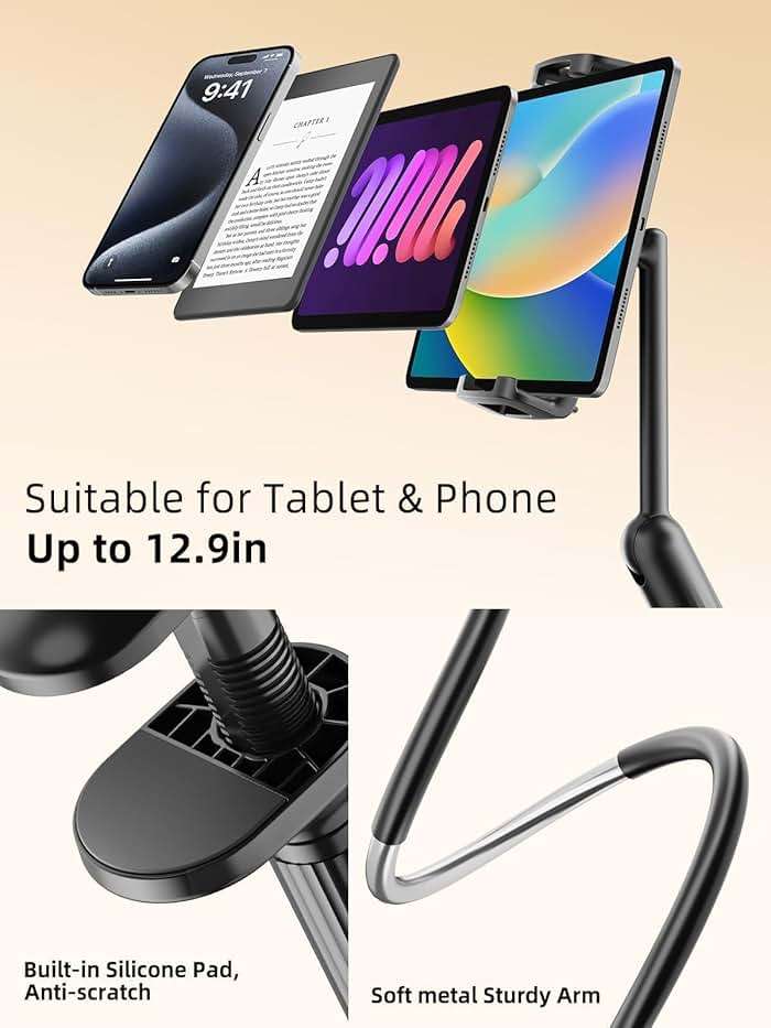 SAIJI 47" Gooseneck Kindle Holder, Tablet Holder for Bed with Upgraded Base, iPad Stand with Flexible Lazy Arm, Compatible with iPad mini Pro Air, Kindle, Galaxy or Other 4.7-11" Device (Black) - Image 6