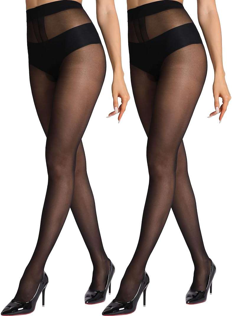 HONENNA Sheer Tights for Women 2 Pairs Ultra Thin Reinforced T Crotch Control Top Pantyhose Stockings - Image 1