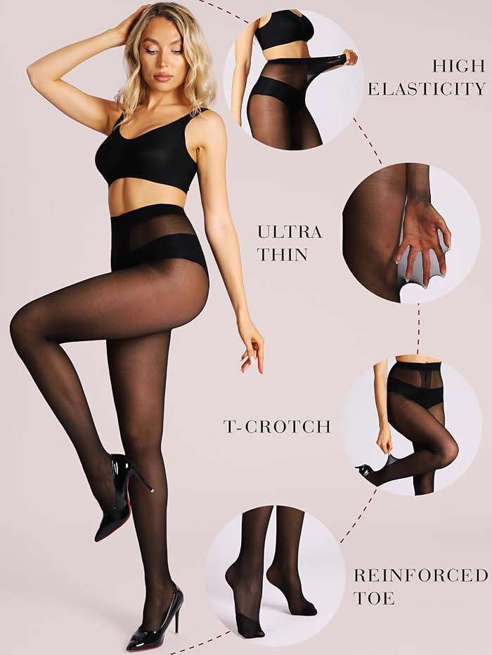 HONENNA Sheer Tights for Women 2 Pairs Ultra Thin Reinforced T Crotch Control Top Pantyhose Stockings - Image 3