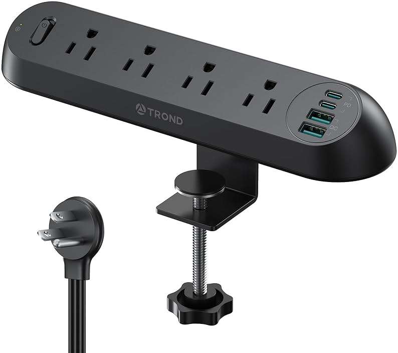 TROND Desk Clamp Power Strip USB C PD 20W- Surge Protector with 4 AC Outlets 4 USB Ports, Flat Plug 6ft Extension Cord, 1700J, ETL Listed, Fits 1.97 in Tabletop Edge, for Home Office Desk Accessories - Image 1