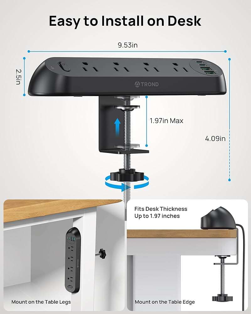 TROND Desk Clamp Power Strip USB C PD 20W- Surge Protector with 4 AC Outlets 4 USB Ports, Flat Plug 6ft Extension Cord, 1700J, ETL Listed, Fits 1.97 in Tabletop Edge, for Home Office Desk Accessories - Image 5