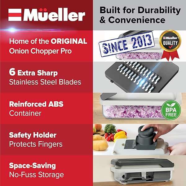 Mueller Vegetable Chopper Mandoline Slicer, Food Veggie Chopper, Cheese Grater, Onion Vegetable Cutter with Container, Dicer, Kitchen Gadgets & Essentials, White Sand/Grey - Image 2