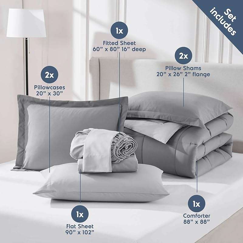Nestl 7 Piece Queen Comforter Set – Grey Reversible Bed in a Bag – Complete Queen Size Bedding Set with Sheets, Pillowcases and Shams - Image 4