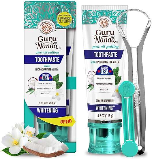 GuruNanda Hydroxyapatite Toothpaste for Whitening with Neem & Xylitol, SLS & Fluoride Free Formula with Tongue Scraper & Squeezer - Freshens Breath, Fights Plaque - Natural CocoMint Jasmine, 4.2oz - Image 1