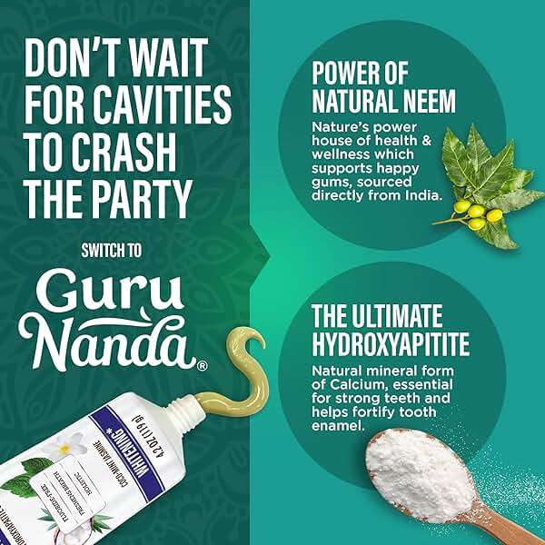 GuruNanda Hydroxyapatite Toothpaste for Whitening with Neem & Xylitol, SLS & Fluoride Free Formula with Tongue Scraper & Squeezer - Freshens Breath, Fights Plaque - Natural CocoMint Jasmine, 4.2oz - Image 3