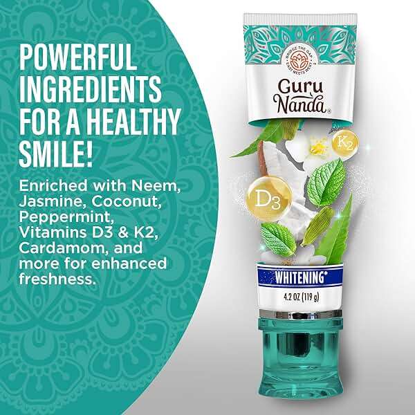 GuruNanda Hydroxyapatite Toothpaste for Whitening with Neem & Xylitol, SLS & Fluoride Free Formula with Tongue Scraper & Squeezer - Freshens Breath, Fights Plaque - Natural CocoMint Jasmine, 4.2oz - Image 4