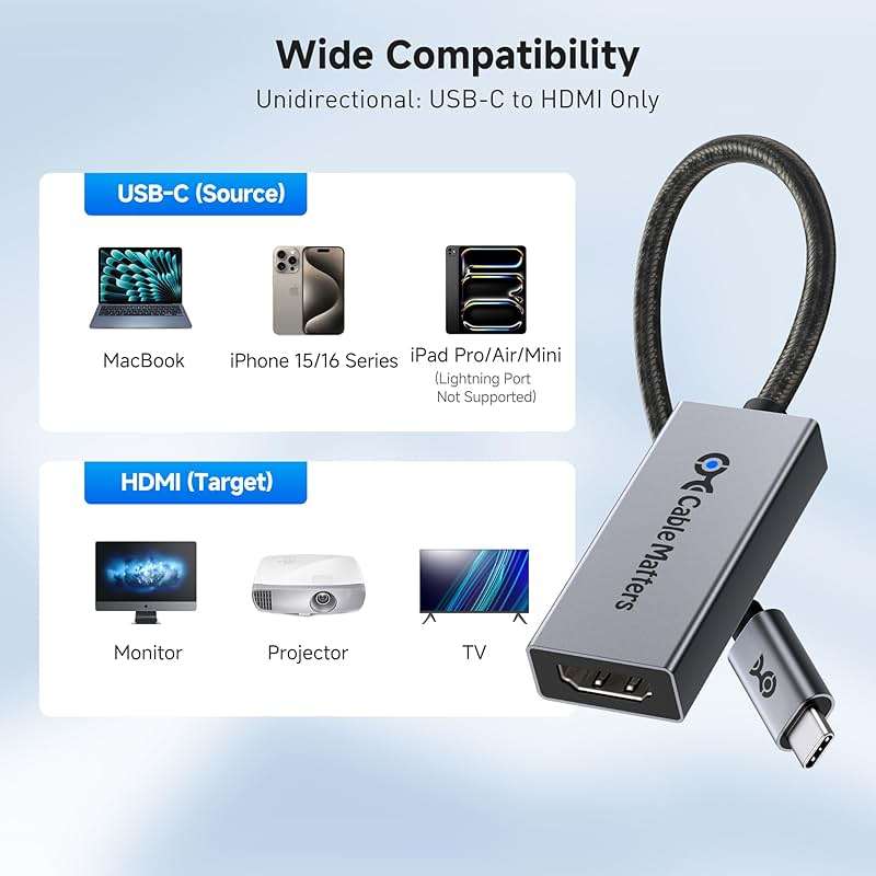 Cable Matters 48Gbps Unidirectional USB C to HDMI 2.1 Adapter for macOS, Supports 8K@60Hz / 4K@240Hz HDR, Thunderbolt 5 to HDMI Adapter, No Firmware Update Needed - Image 7