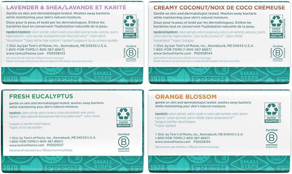 Tom’s of Maine Natural Bar Soap Variety Pack, Lavender & Shea, Creamy Coconut, Orange Blossom, Lemon Bergamot, Dermatologically Tested, Paraben Free, Vegan, 4 Count - Image 8