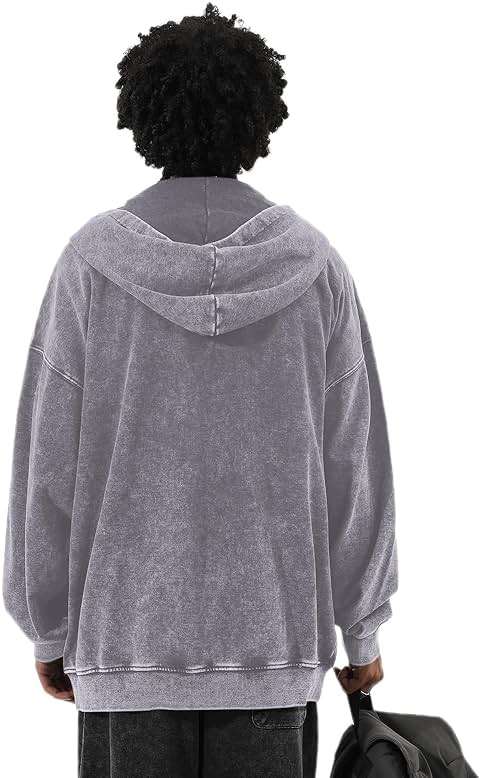 Bobeutou Mens Zip Up Acid Wash Hoodie Vintage Oversized Casual Fall Jacket Cotton Hooded Sweatshirts with Pockets Streetwear - Image 2