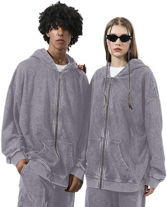Bobeutou Mens Zip Up Acid Wash Hoodie Vintage Oversized Casual Fall Jacket Cotton Hooded Sweatshirts with Pockets Streetwear - Image 3