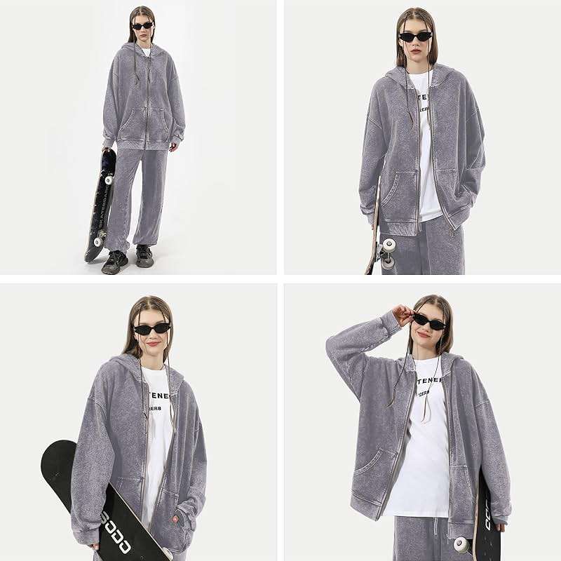 Bobeutou Mens Zip Up Acid Wash Hoodie Vintage Oversized Casual Fall Jacket Cotton Hooded Sweatshirts with Pockets Streetwear - Image 4