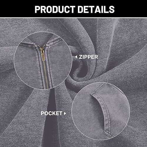 Bobeutou Mens Zip Up Acid Wash Hoodie Vintage Oversized Casual Fall Jacket Cotton Hooded Sweatshirts with Pockets Streetwear - Image 5