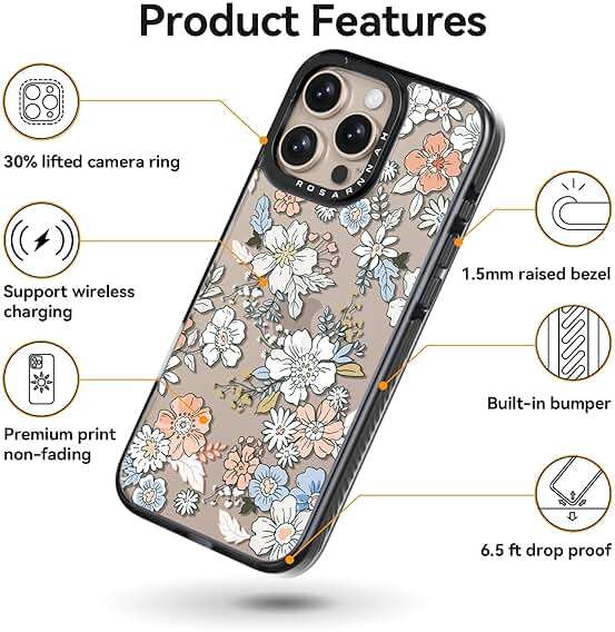 Rosarnnah Compatible for iPhone 16 Pro case Cute - Durable Shockproof 6.6 ft Drop Impact Phone Case - Black Funny Lovely Flower Design for iPhone 16 Pro 6.3" - Image 4