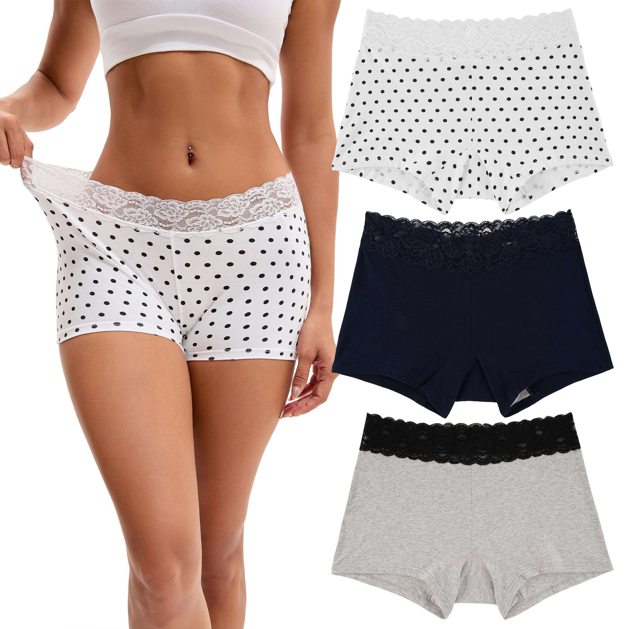 INNERSY Women's Lace Underwear Cotton Soft Boyshorts Panties Boxer Briefs 3-Pack - Image 1