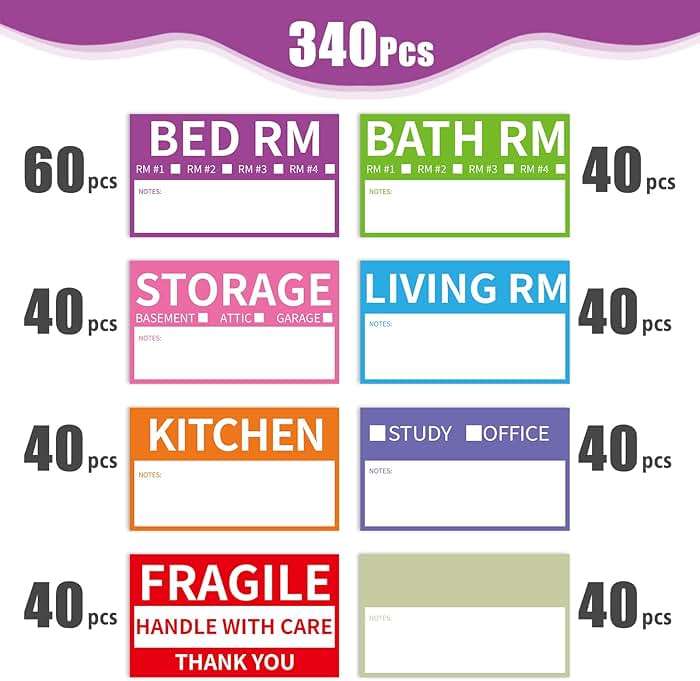 340 Home Moving Labels, 3.4 x 2 inches, 8-Color Coded Packing Box Stickers with Fragile and Blank Customizable Labels - Image 4