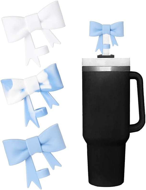 SEEZIZI 3 pcs Blue Bow Straw Covers Cap Toppers Compatible with Stanley 30&40 oz Tumbler Cups,Reusable Cute Silicone Straw Tips Lids Protectors for 0.4 in/10mm Stanley Cups Straws Accessories - Image 1