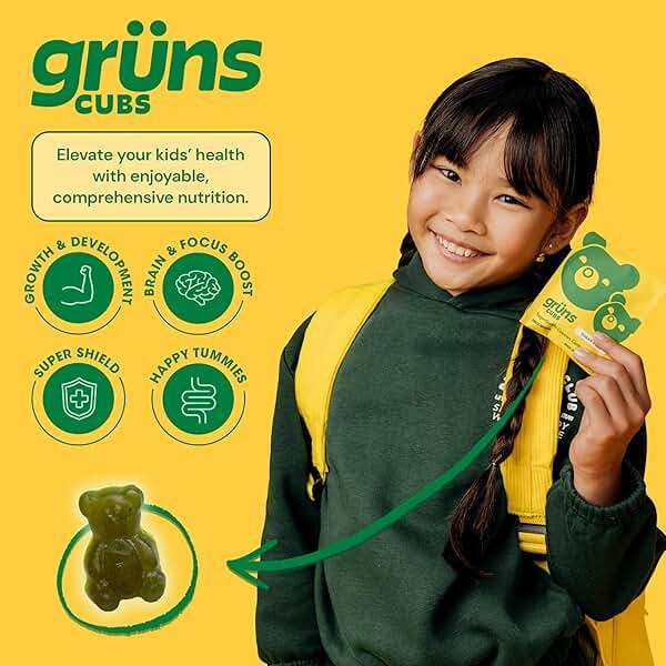 Gruns Multivitamin for Kids, Sugar-Free, Super Greens Superfood Gummy Bears with 20 Vitamins & Minerals, Alfalfa, Spirulina, Chlorella, Prebiotics Fiber for Digestive Health, Adaptogens, 28 ct - Image 4