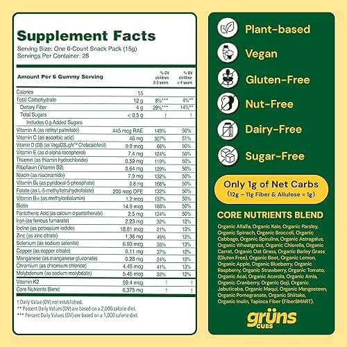 Gruns Multivitamin for Kids, Sugar-Free, Super Greens Superfood Gummy Bears with 20 Vitamins & Minerals, Alfalfa, Spirulina, Chlorella, Prebiotics Fiber for Digestive Health, Adaptogens, 28 ct - Image 8