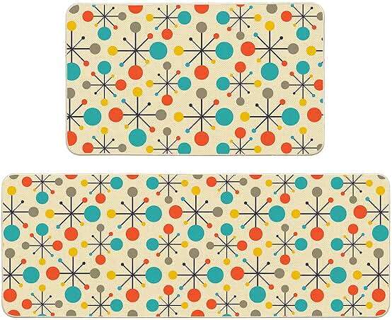 Mid Century Fifties Modern Atomic Kitchen Mats and Rugs Set of 2, Yellow Retro Floor Mats for Kitchen Sink Home Decor Cute Kitchen Rug Non Slip Washable, 17"x29"+17"x47" - Image 1