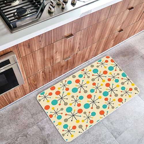 Mid Century Fifties Modern Atomic Kitchen Mats and Rugs Set of 2, Yellow Retro Floor Mats for Kitchen Sink Home Decor Cute Kitchen Rug Non Slip Washable, 17"x29"+17"x47" - Image 2