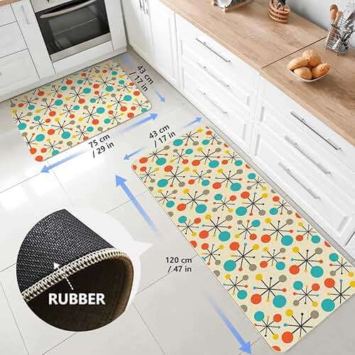 Mid Century Fifties Modern Atomic Kitchen Mats and Rugs Set of 2, Yellow Retro Floor Mats for Kitchen Sink Home Decor Cute Kitchen Rug Non Slip Washable, 17"x29"+17"x47" - Image 3