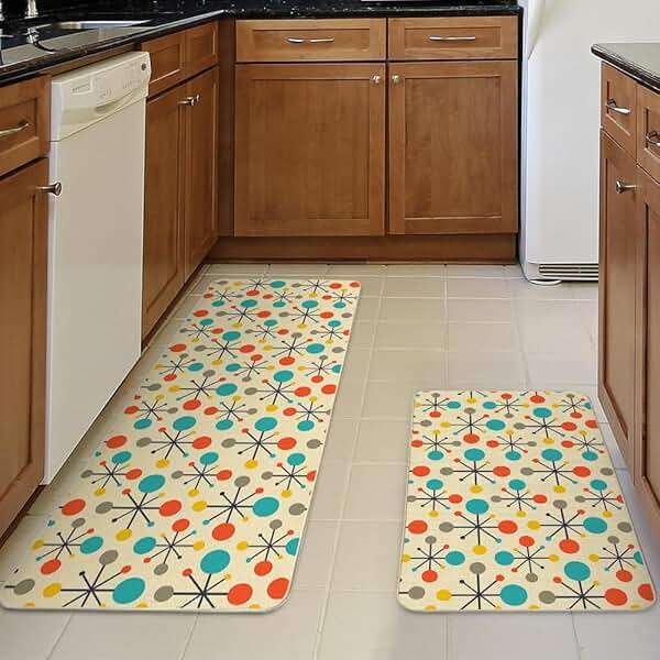 Mid Century Fifties Modern Atomic Kitchen Mats and Rugs Set of 2, Yellow Retro Floor Mats for Kitchen Sink Home Decor Cute Kitchen Rug Non Slip Washable, 17"x29"+17"x47" - Image 4