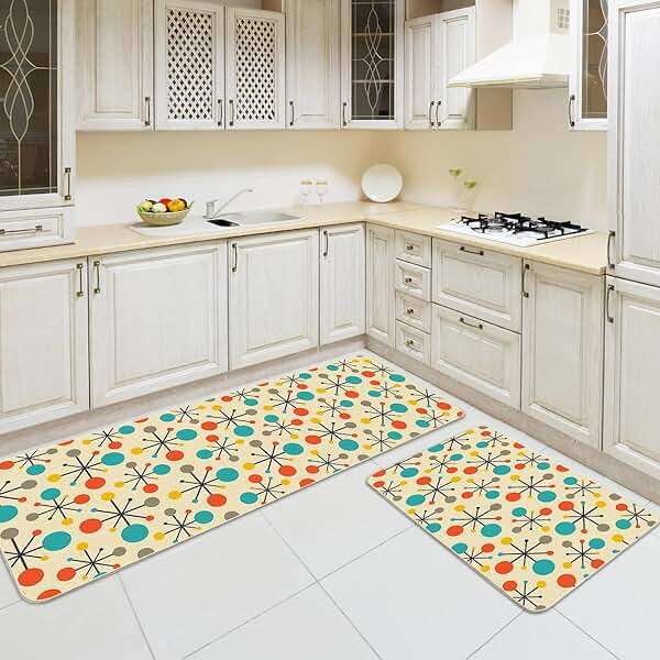 Mid Century Fifties Modern Atomic Kitchen Mats and Rugs Set of 2, Yellow Retro Floor Mats for Kitchen Sink Home Decor Cute Kitchen Rug Non Slip Washable, 17"x29"+17"x47" - Image 5