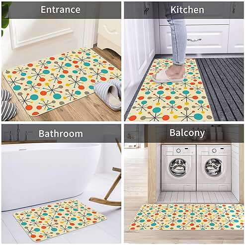 Mid Century Fifties Modern Atomic Kitchen Mats and Rugs Set of 2, Yellow Retro Floor Mats for Kitchen Sink Home Decor Cute Kitchen Rug Non Slip Washable, 17"x29"+17"x47" - Image 6