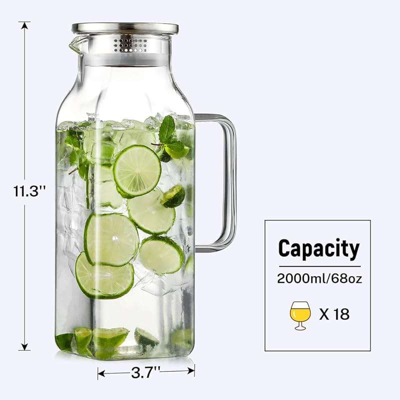 2 Quart (2 Liter 68 oz) Square Glass Pitcher with Lid and Spout, Water Pitchers with Handle for Fridge, Borosilicate Glass Carafe for Hot/Cold Drink, Large Jug for Iced Tea, Coffee,Juice,Milk,Beverage - Image 4