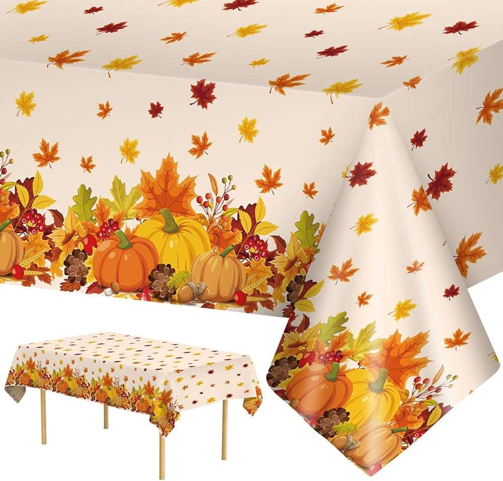2 Pcs Thanksgiving Tablecloth Plastic - Disposable Fall Table Cloths, Autumn Rectangle Pumpkin Maple Leaf Table Cover for Happy Thanksgiving Day Tables Decorations Party Supplies Favors, 54x108 Inch - Image 1